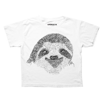 Boxy tee with sloth face and sloth banner.
