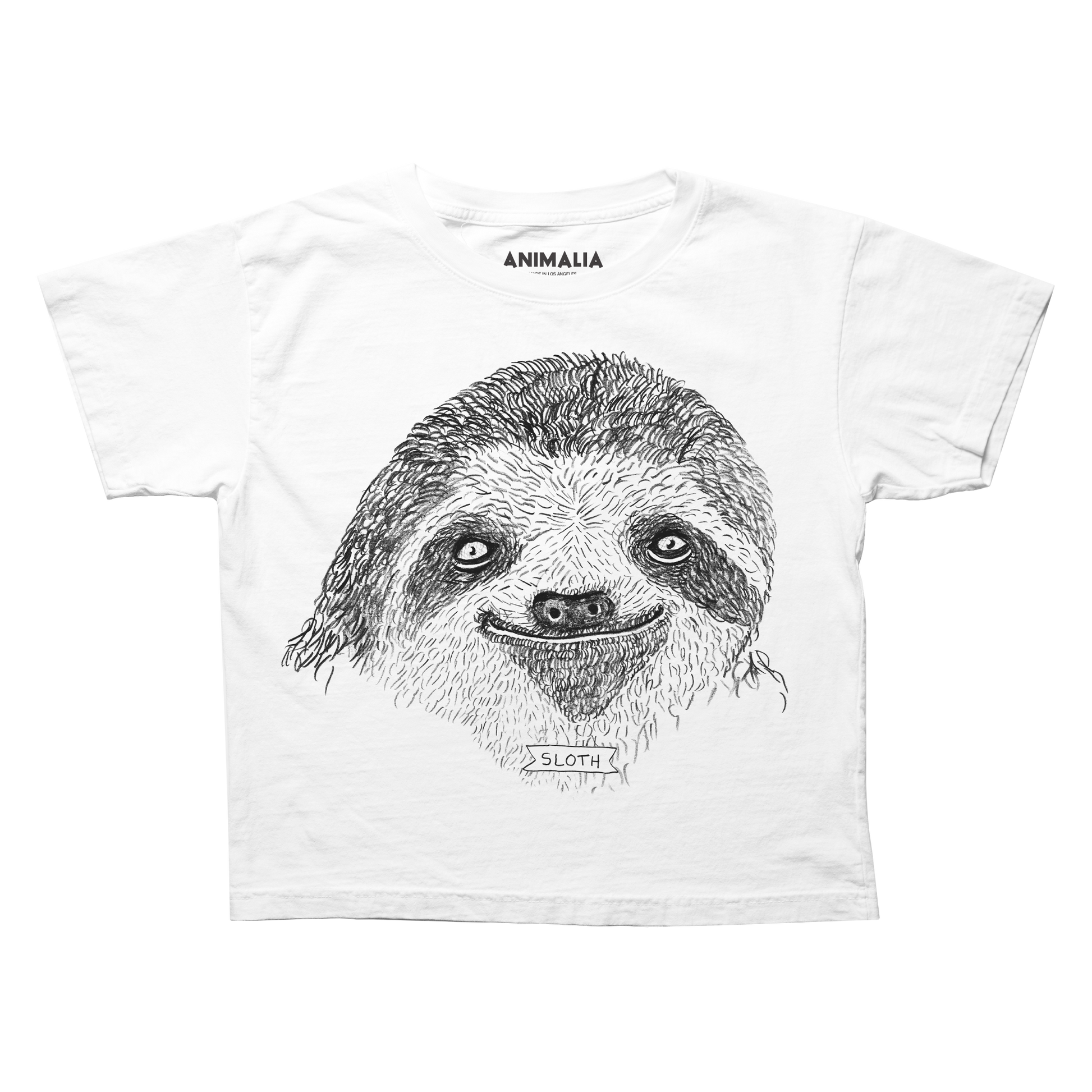 Boxy tee with sloth face and sloth banner.